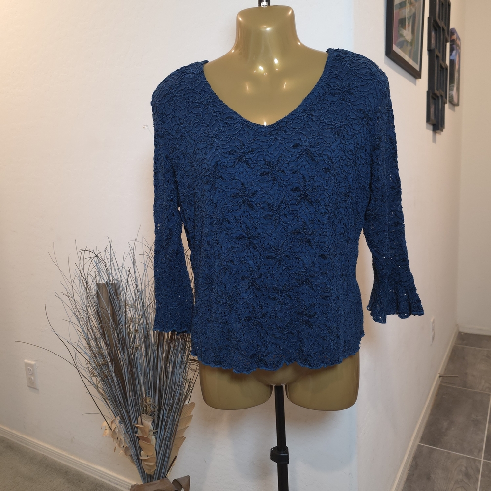 Dress Barn Blue Dressy Top Bell Sleeves Crochet Pull On Sz M